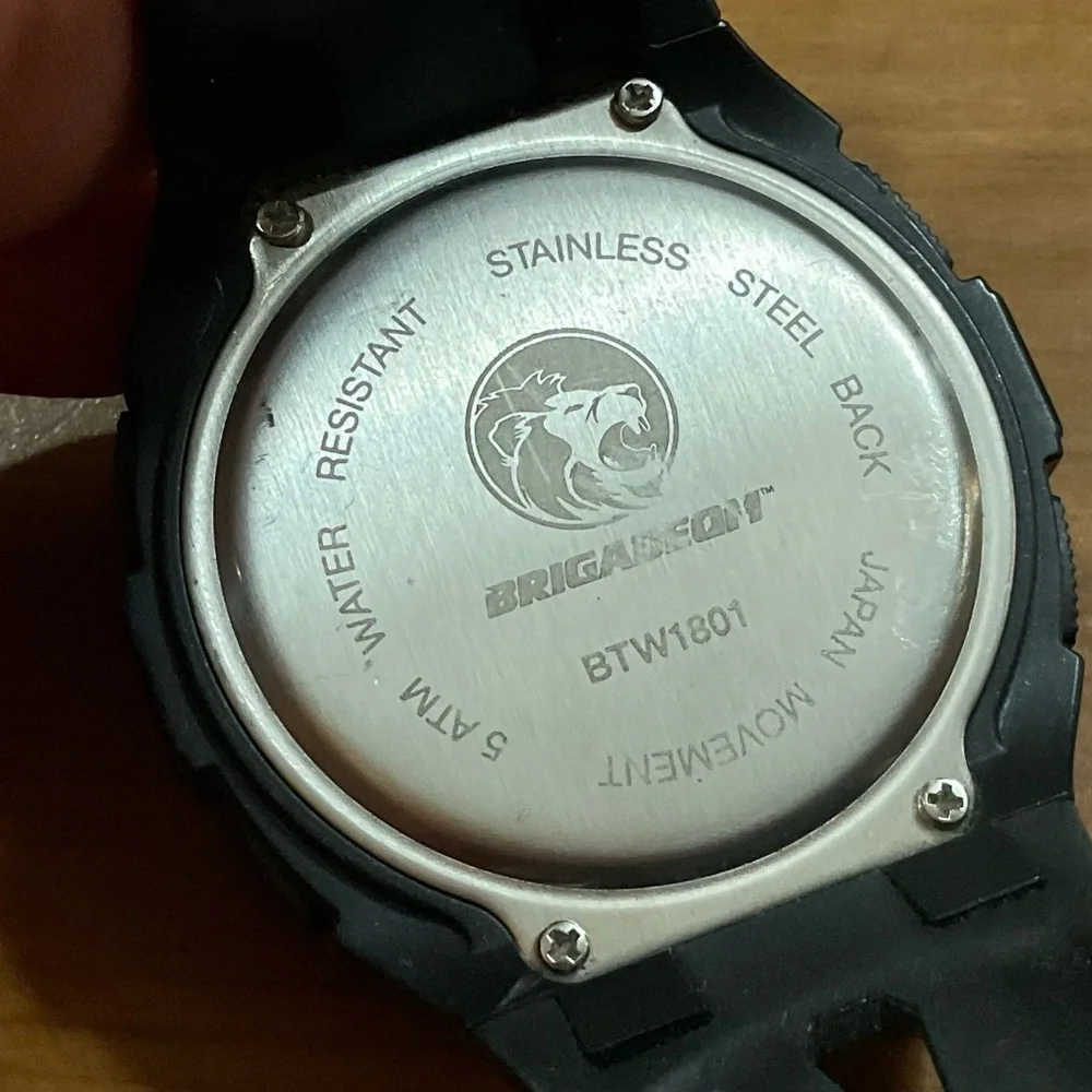 Brigadeon: BTW1801/ 5ATM Men’s black digital adjustable plastic wrist watch.